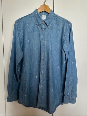BROOKS BROTHERS Milano Blue Denim Button-Down Shirt with Anchor Embroidery M